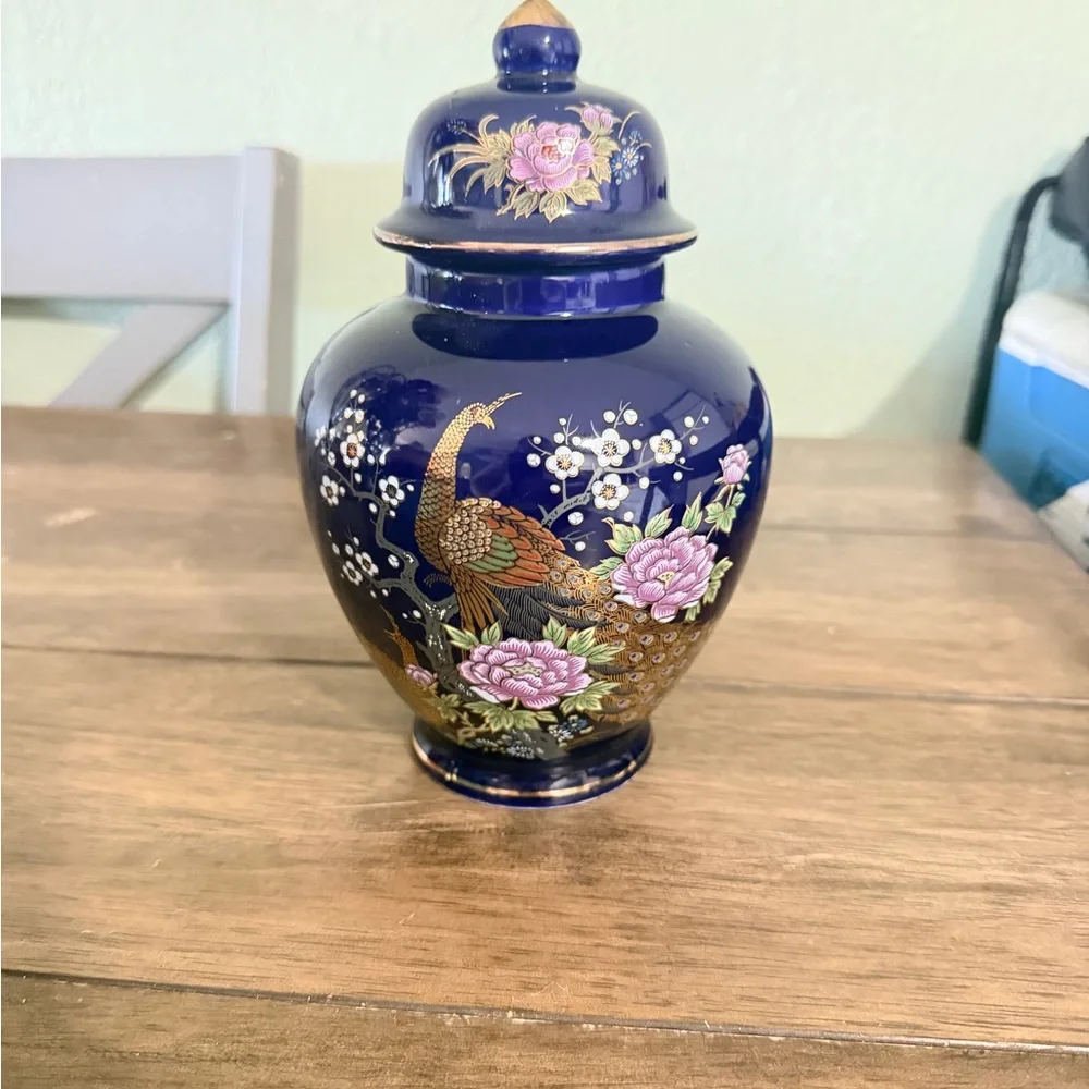 Vintage Cobalt Blue Porcelain Ginger Jar Hand Painted Gold Trim Floral Bird Deco
